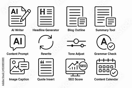 Ai writing tools icons for content creation and optimization