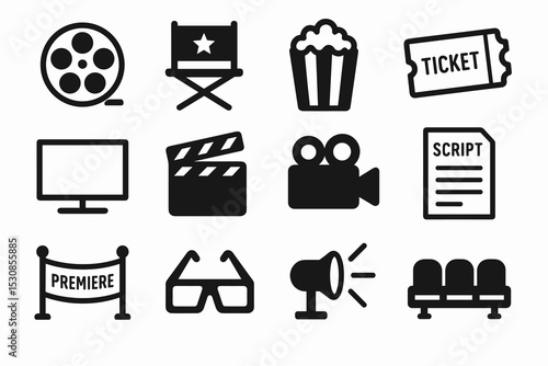 Cinema icons set with film reel, director chair, popcorn, and 3d glasses