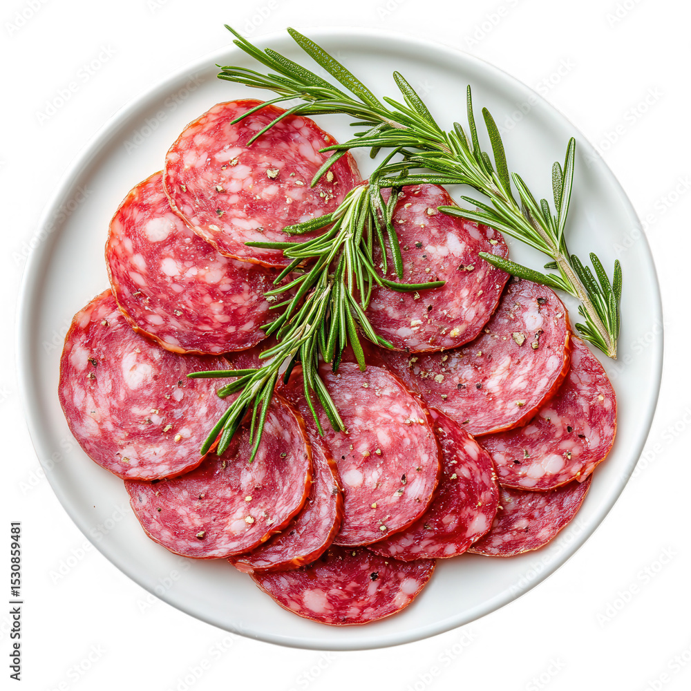 Delicious salami slices with fresh rosemary garnish Delicious salami slices with fresh rosemary garnish