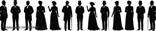 Victorian silhouette people set, vintage man and woman figures, historical fashion clipart, formal dress design,
