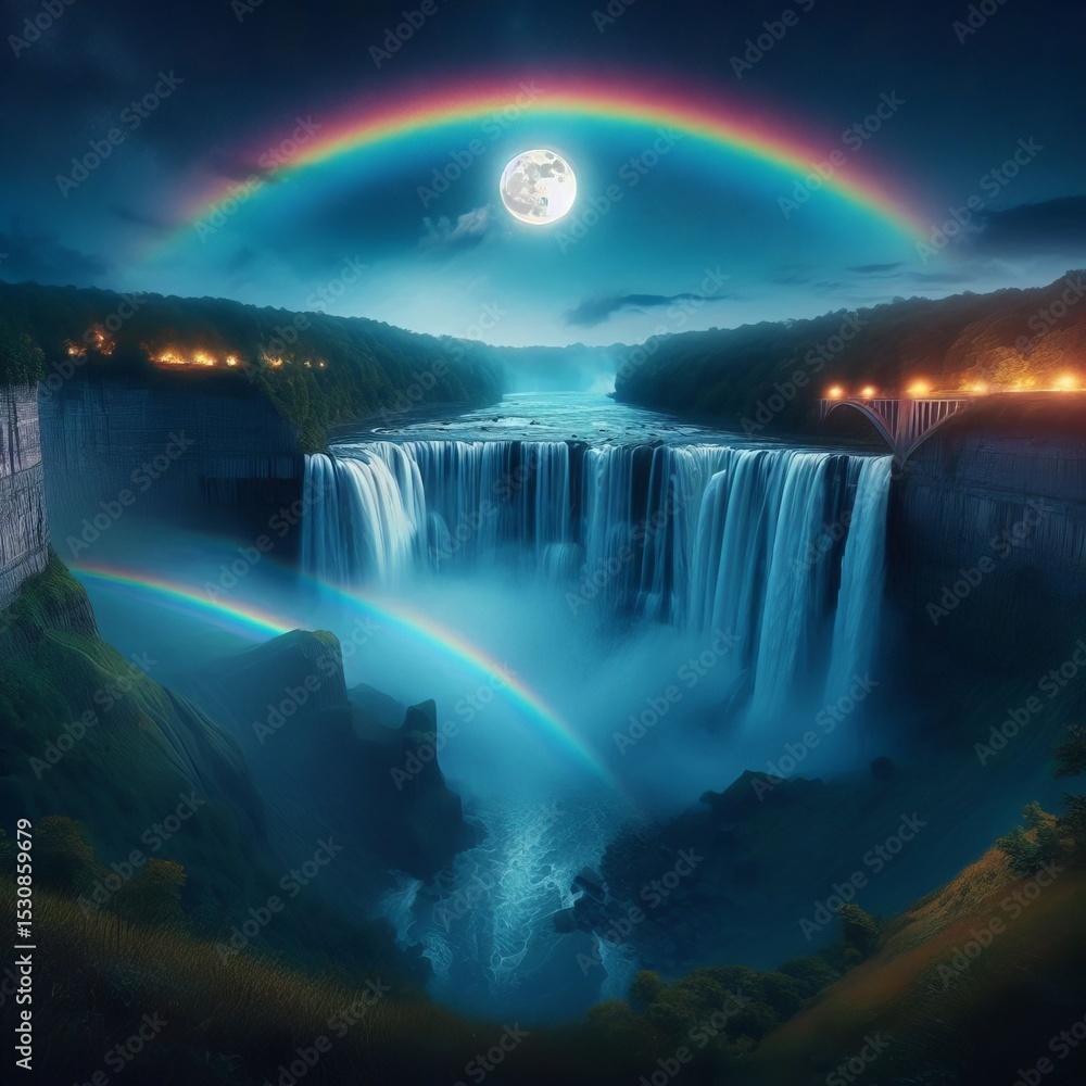 Fototapeta premium Moonbow Night Phenomenon Lunar rainbow over falls