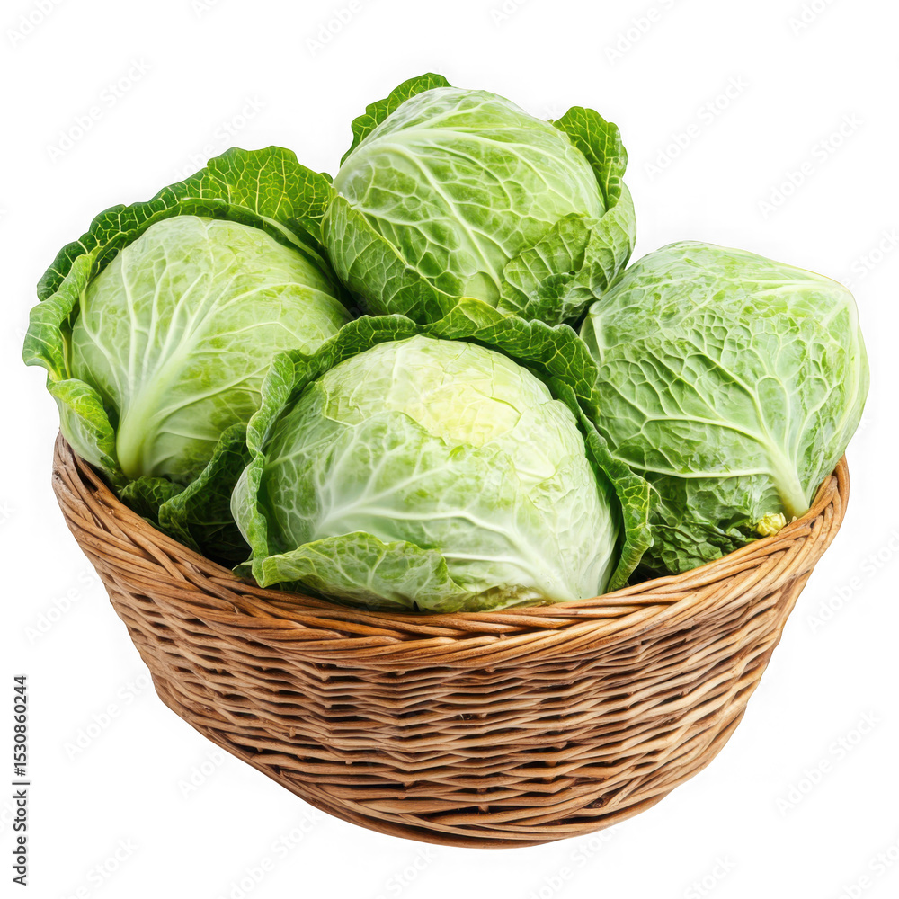 Fototapeta premium Fresh green cabbages in wicker basket isolated