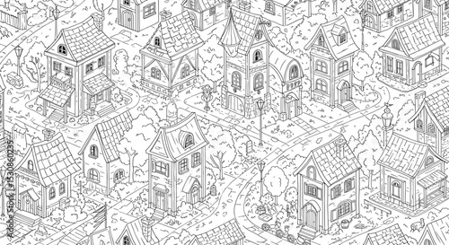 Black and white isometric village illustration