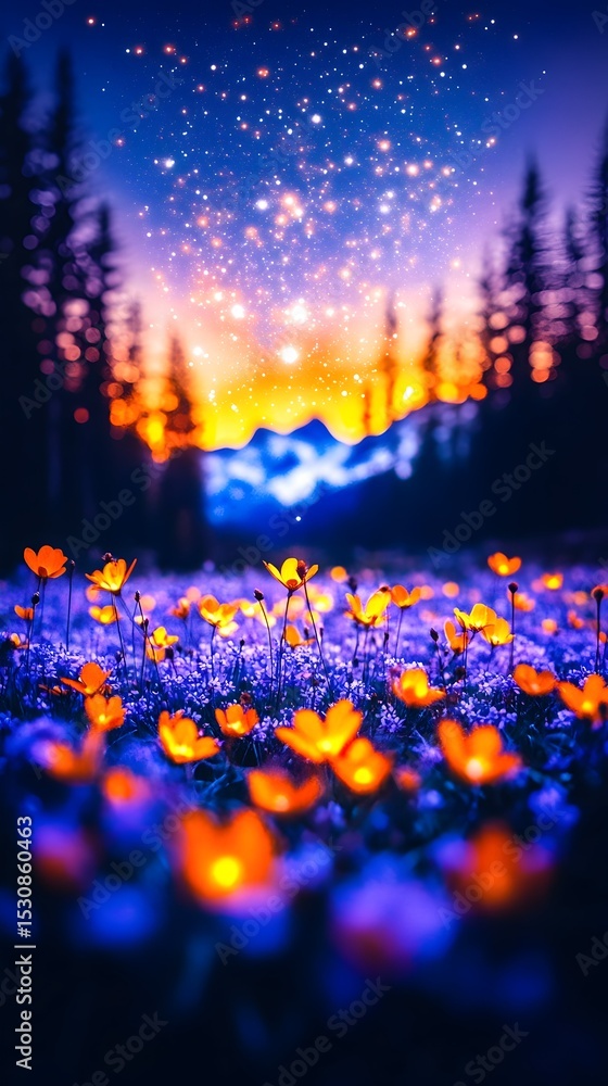 Fototapeta premium Magical sunset meadow, mountain backdrop, fantasy sparks