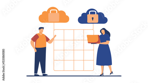 Two people connecting to secure cloud storage through a grid network illustration design concept