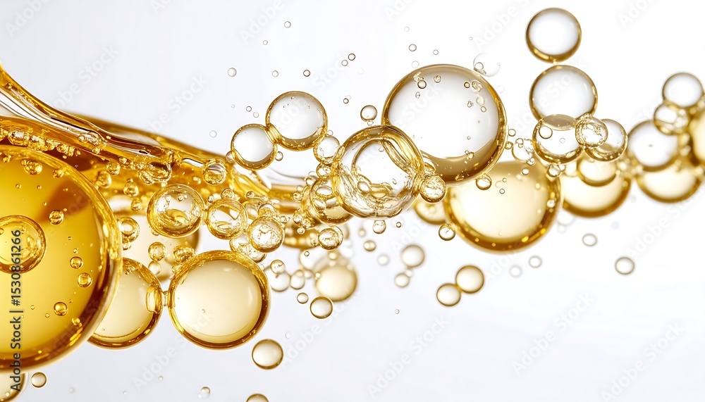 © MRSUTIN - A dynamic splash of golden oil creates a cascade of beautiful bubbles against a clean, white background © MRSUTIN - A dynamic splash of golden oil creates a cascade of beautiful bubbles against a clean, white background