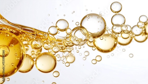 A dynamic splash of golden oil creates a cascade of beautiful bubbles against a clean, white background
