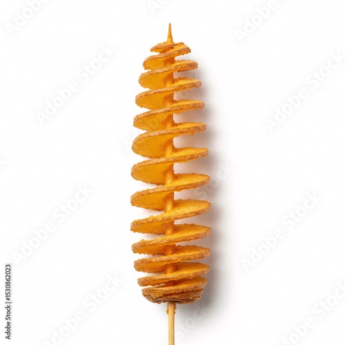 A golden tornado potato on a wooden skewer, exuding crispiness, stands elegantly,