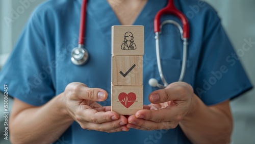 : Doctor holding wooden blocks with icons symbolizing concept EXECUTION. Concept of Execute Health care Modernization Plan. Fast execute success medical work. Execution medicine goals.  new
