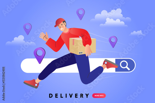 A happy courier runs with a package on a giant search bar, surrounded by location pins. This scene symbolizes searching for delivery services and real time order tracking.