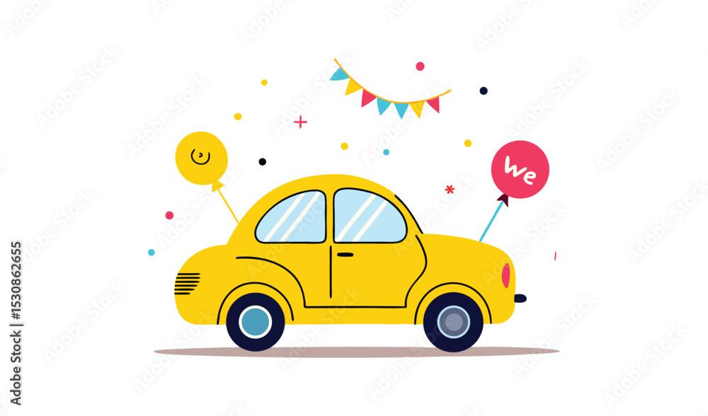 Naklejka premium Yellow car celebration illustration party balloons