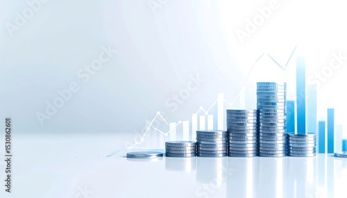 An abstract financial growth concept with a rising bar graph and stacks of coins, representing investment, savings, and success.