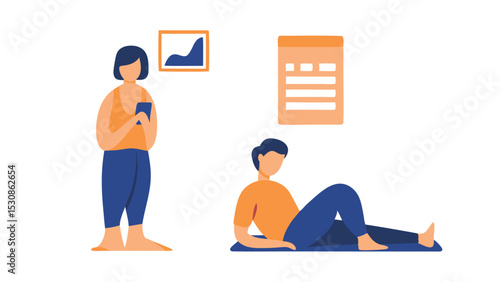 Two people in a room with artwork and a calendar one using a phone the other is lying down on a mat