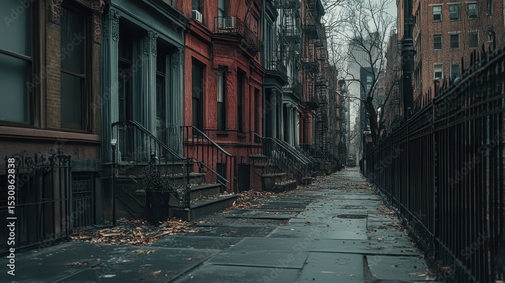 Fototapeta premium Neighborhood Nyc. Historic Brownstone Buildings on Urban Street in Greenwich Village, Manhattan, New York City