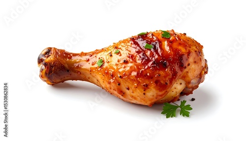 A single, delicious roasted chicken drumstick with a shiny glaze, garnished with parsley, isolated on a white background.