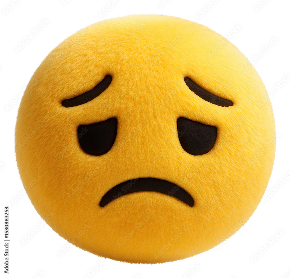 Fototapeta premium Fluffy yellow sad face emoji with expressive eyes and frown on transparent background.