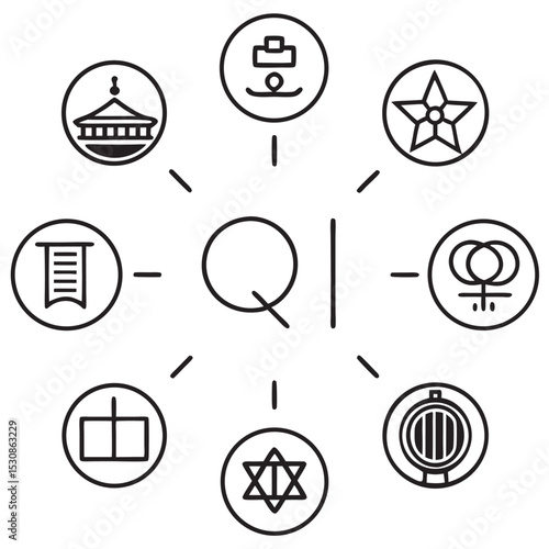 Black Line Art Qi Symbol with Surrounding Circular Icons White Background
