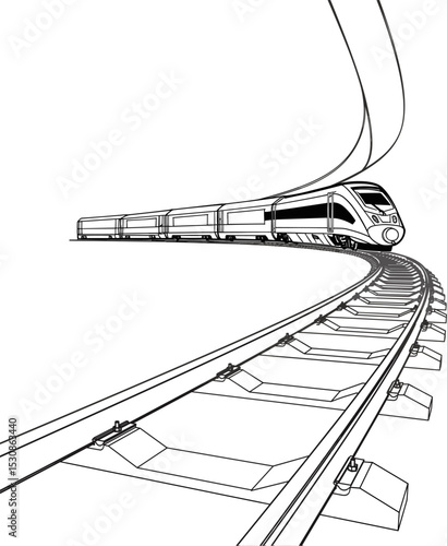 Hand-Drawn Style Image of a Bullet Train on Railway Tracks, Black and White. Vector illustration