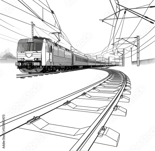 Sketch-Style Image: Electric Locomotive and Railway Tracks, Black and White Vector illustration