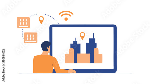Person viewing city skyline on laptop with wifi and locations on screen in a digital illustration
