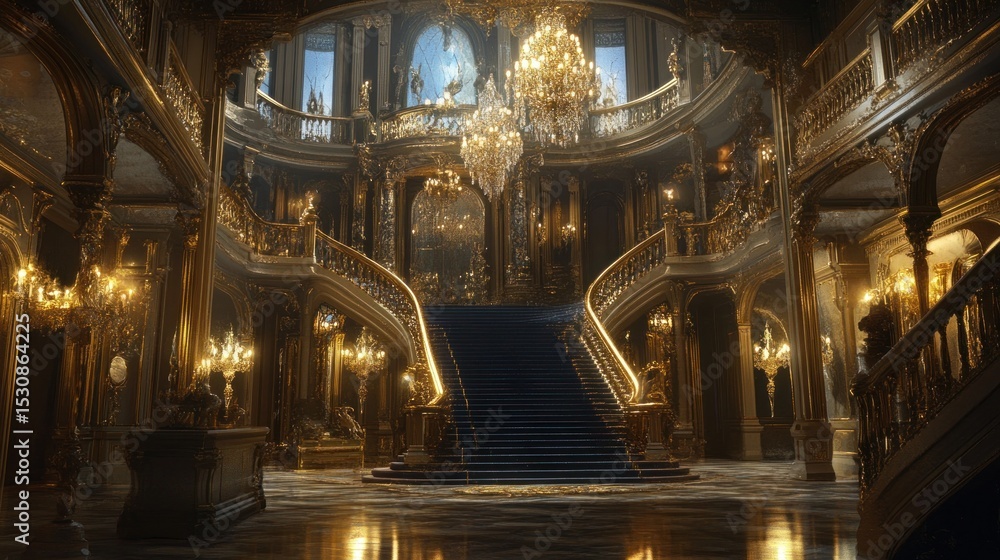 Obraz premium Grand, ornate palace hall with sweeping staircase and opulent details