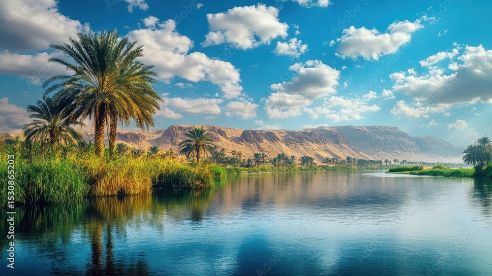 Nile River in Egypt: Tranquil Waters Reflecting Palm Trees with Mountain Skyline Nile River in Egypt: Tranquil Waters Reflecting Palm Trees with Mountain Skyline