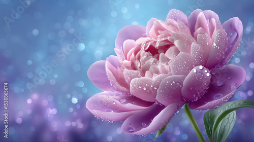 Peony flower with water droplets glistening on soft pink petals. Gentle bokeh effect in background creates dreamy atmosphere. Concept of floristry, decoration, wellness