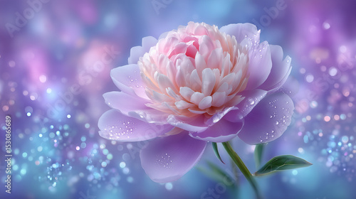 Vibrant peony flower with water droplets stands in focus against a dreamy purple background. Concept of floral design, beauty, nature appreciation