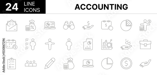 Collection of 24 Accounting line icons featuring editable strokes. These outline icons depict various modes of Accounting, business, accounting, inspecting, report, tax, analysis, finance, account, bu