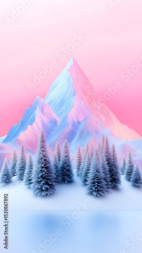 Pastel mountain, snowy forest, pink sunset, digital art, phone wallpaper
