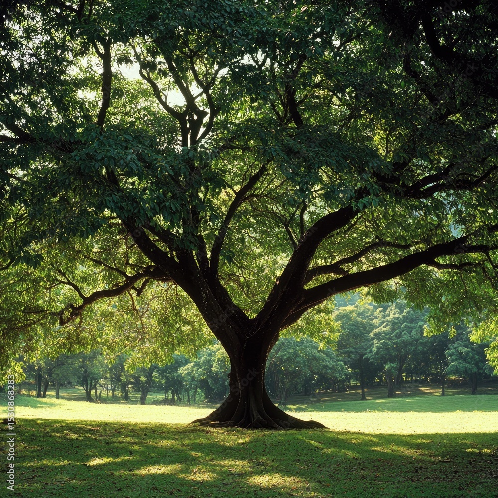 Obraz premium Majestic tree in sunlit meadow. Lush foliage, broad branches, casting shadows on grassy field. Surrounding trees blurred