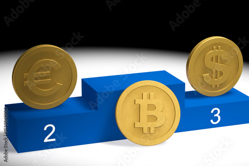 Foto Three coins: bitcoin on the bottom one, the euro on the second and the US dollar on the third on the blue podium are a symbol of the dubious leadership of Bitcoin