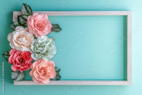 Decorative floral arrangement in a light wood frame against a mint green background.