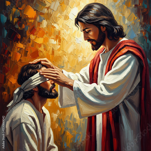 Jesus Christ Healing Blind Man Oil Painting Bold Colours Religious Art