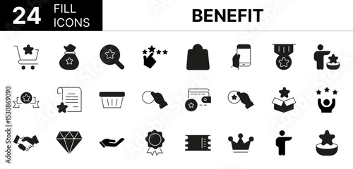 Collection of 24 Benefit fill icons featuring editable strokes. These outline icons depict various modes of Benefit, reward, star, gift, bonus, line, loyalty, vector, incentive, coupon, money, winner,