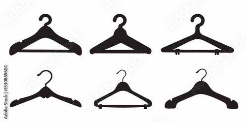 Collection of six black silhouette clothes hangers on a white background in a simple vector style 