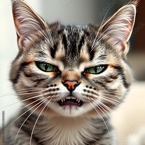 Sassy Cat A cats face expressing sass with narrowed green eyes and an arched eyebrow. The cat has a playful smirk showcasing its sharp little teeth. Its fur is a mix of gray and
