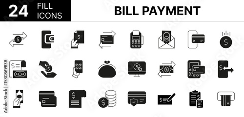 Collection of 24 Bill Payment fill icons featuring editable strokes. These outline icons depict various modes of Bill Payment, payment, finance, bill, money,
