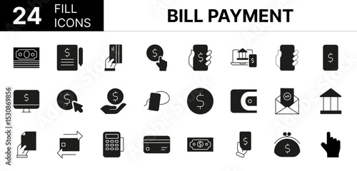 Collection of 24 Bill Payment fill icons featuring editable strokes. These outline icons depict various modes of Bill Payment, payment, finance, bill, money,