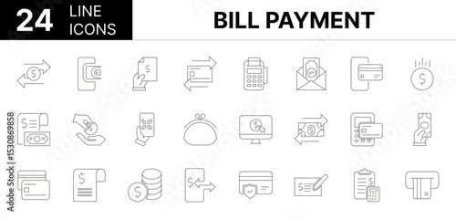 Collection of 24 Bill Payment line icons featuring editable strokes. These outline icons depict various modes of Bill Payment, payment, finance, bill, money,