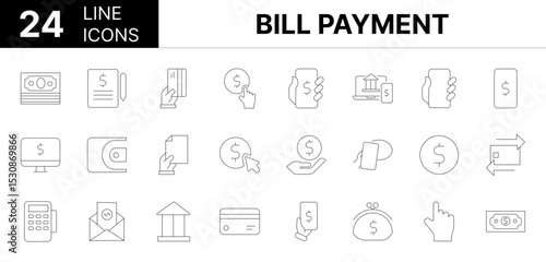 Collection of 24 Bill Payment line icons featuring editable strokes. These outline icons depict various modes of Bill Payment, payment, finance, bill, money,