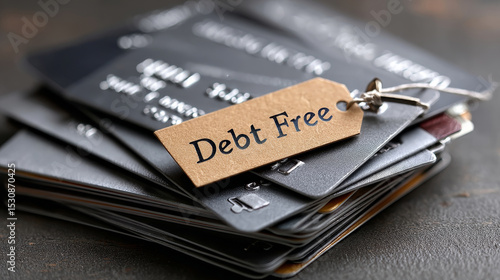 Financial Independence Retire Early concpet ,Debt free tag on pile of paid off credit cards symbolizes financial freedom