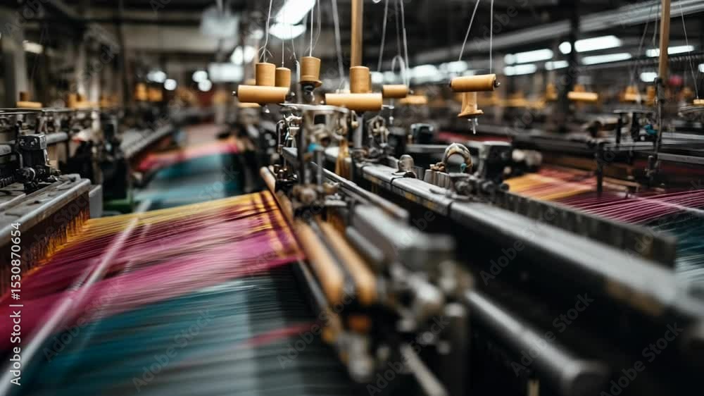 Industrial Textile Manufacturing Machine Weaving Colorful Fabric in Factory Setting Industrial Textile Manufacturing Machine Weaving Colorful Fabric in Factory Setting