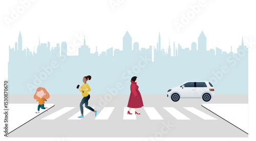 Always use the crosswalk .Pedestrians crossing street at crosswalk with car approaching in urban setting