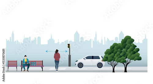 Look both ways before crossing .Woman stopping at crosswalk while car waits and student sits on bench