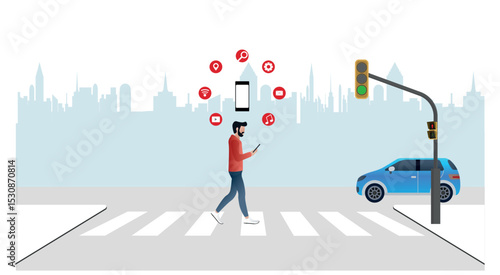 Do not use the cell phone while crossing.Man using smartphone while crossing street at crosswalk with green traffic light