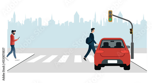 Ignoring red lights .Pedestrians and car sharing the road at a crosswalk with traffic light