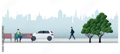 Walking on the roadway.Freelancer working with laptop while pedestrian is walking in urban scene