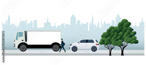 Businessman walking near road with delivery truck and car in urban setting. Crossing between stopped vehiclesDrivers may not see you until it is late.
