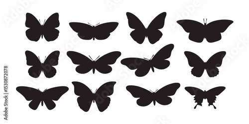 Collection of twelve butterfly silhouettes arranged in a grid pattern on a white background image view design vector